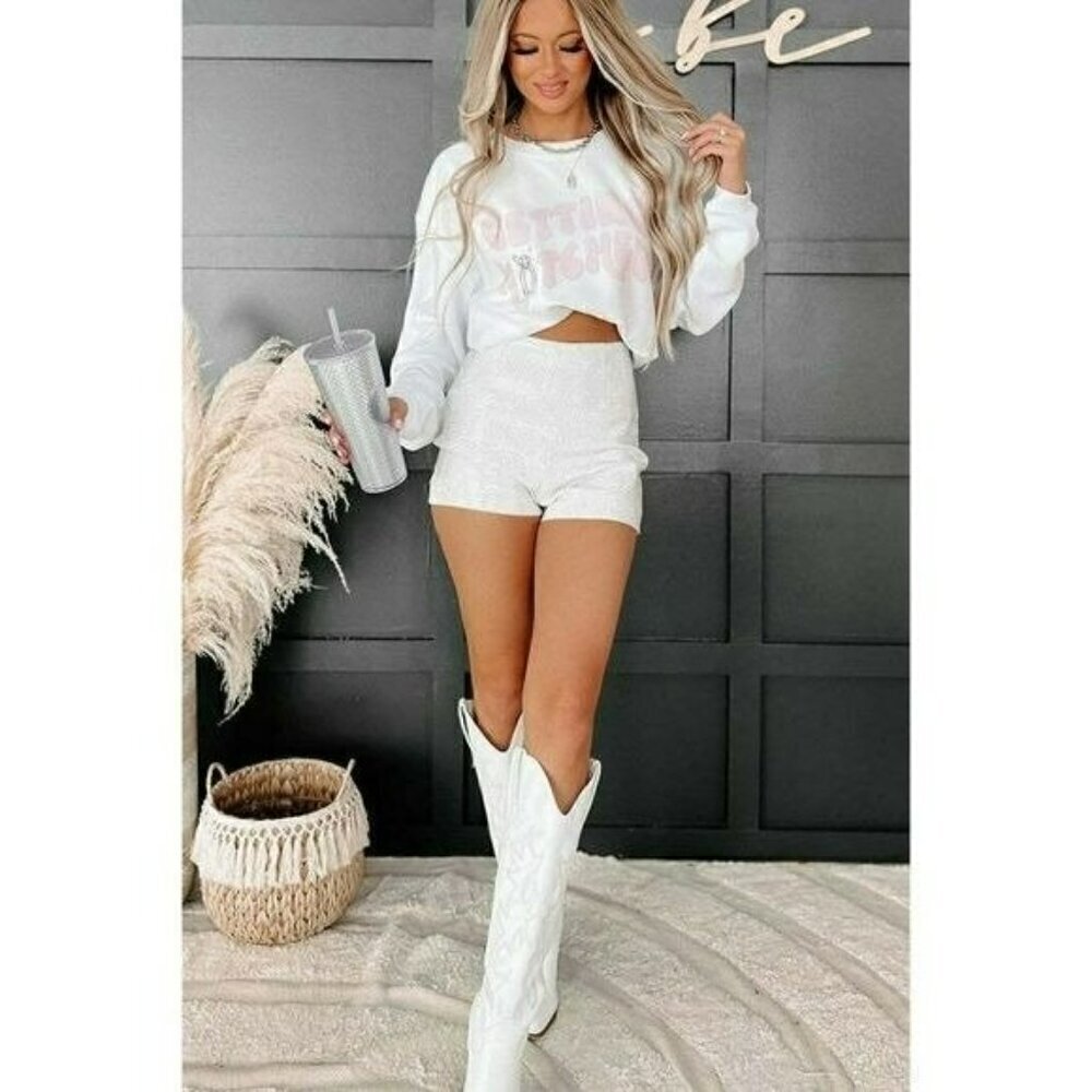 Got A Reputation High Waisted Rhinestone Diamond Shorts in White - Picture 8 of 10